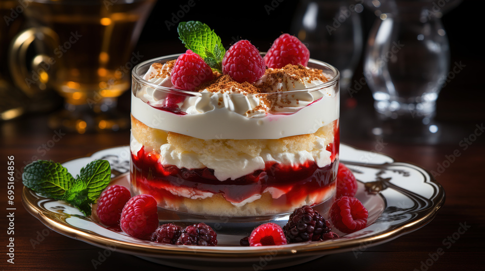 A trifle dessert is beautifully layered in a glass bowl, with alternating layers of sponge cake, custard, fresh berries, and whipped cream A trifle dessert is beautifully layered in a glass bowl, with alternating layers of sponge cake, custard, fresh berries, and whipped cream