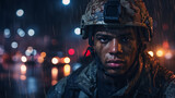 young african american soldier standing under the rain