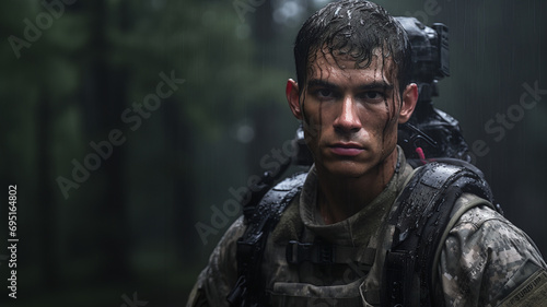 Portrait of a young soldier standing in the rain in dark forest