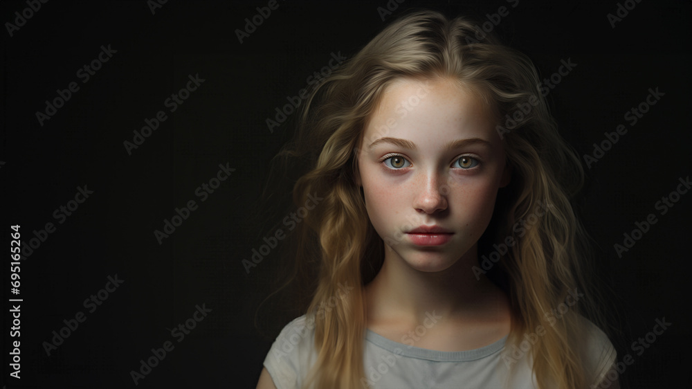 A young girl with long dishwater blonde hair, wearing a grey shirt, is looking forward with a somewhat sad expression on her face. The image is captured in a dark setting. A young girl with long dishwater blonde hair, wearing a grey shirt, is looking forward with a somewhat sad expression on her face. The image is captured in a dark setting.
