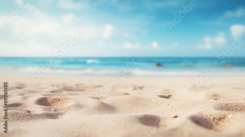 Close sand on beach summer with defocused sky background. Empty tropical beach and seascape. 