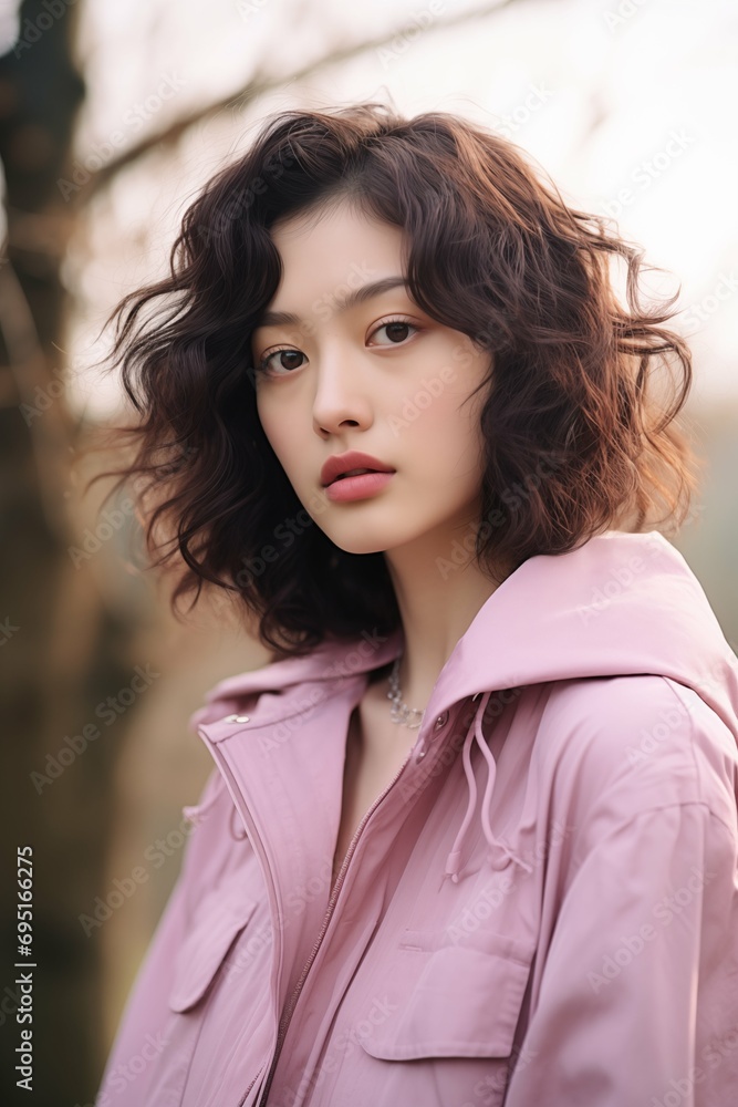 Portrait of young woman wearing pink clothing, teen fashion pastel Portrait of young woman wearing pink clothing, teen fashion pastel
