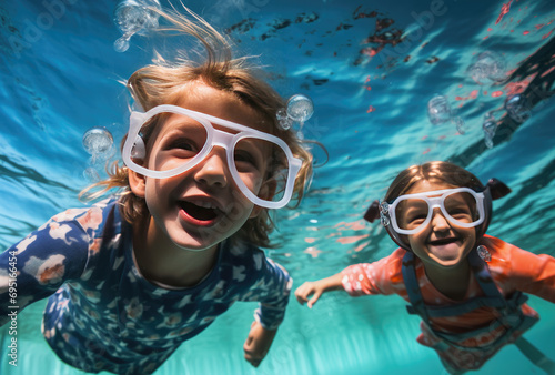 a child with goggles and white swimming underwater 