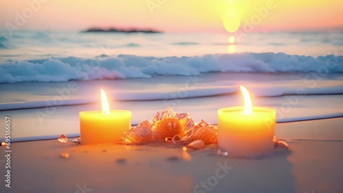Closeup of a tranquil scene of candles tered on the sand, with a peaceful soundtrack of ocean waves crashing. photo