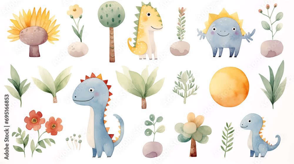 Watercolor cute Dino set with trees, plants, and other elements on a white background. Watercolor cute Dino set with trees, plants, and other elements on a white background.
