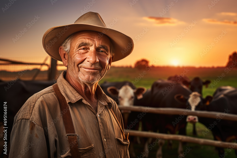Elderly farmer in hat smiles warmly, standing by a fence with cattle 