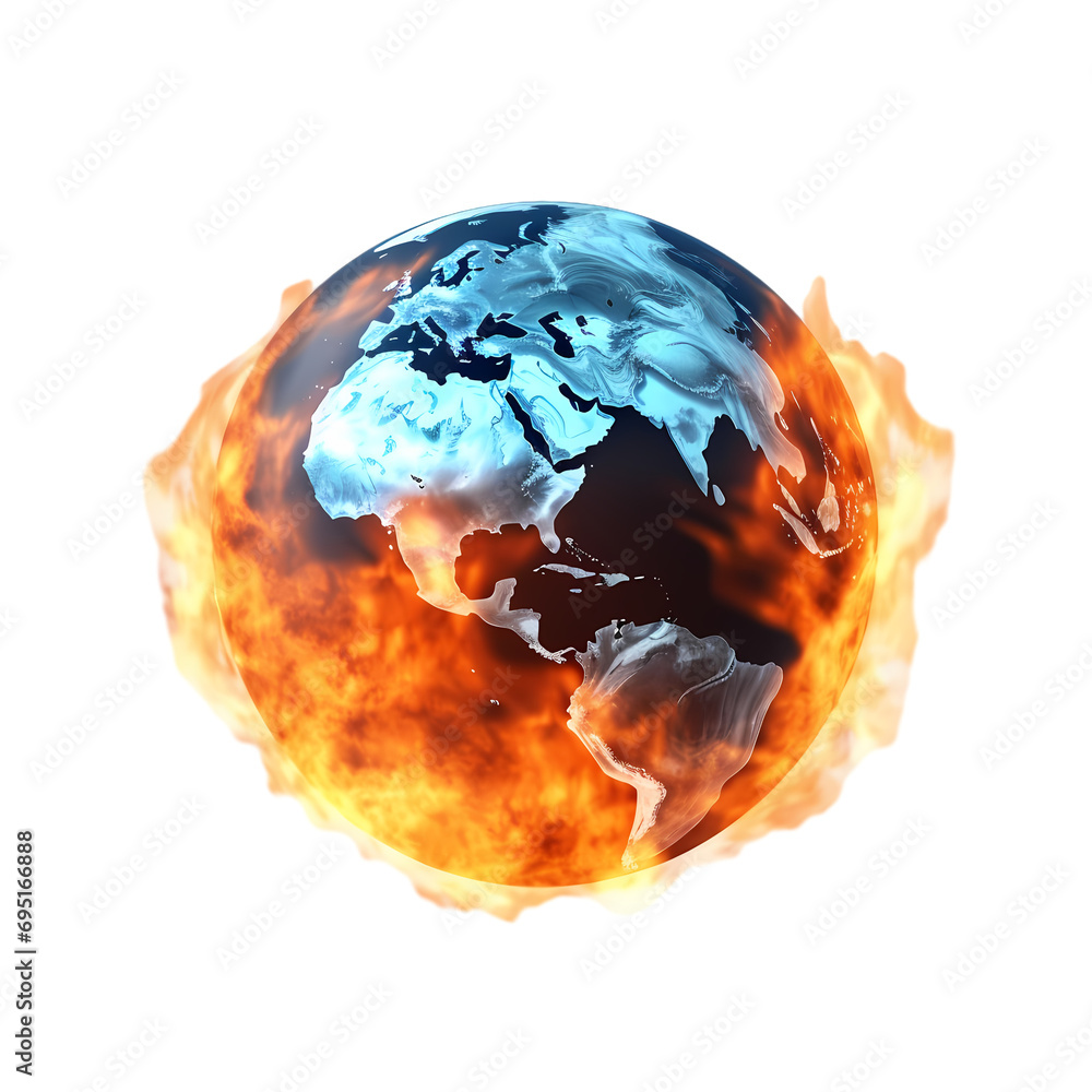 Earth with fire isolated on transparent background, burning earth Earth with fire isolated on transparent background, burning earth