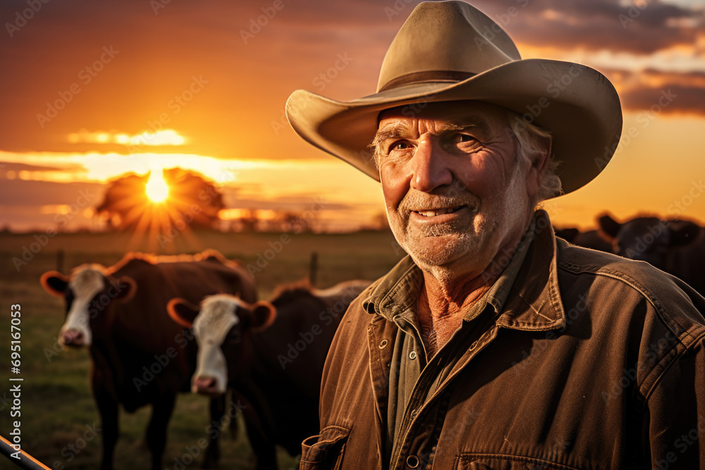 Elderly farmer in hat smiles warmly, standing by a fence with cattle 