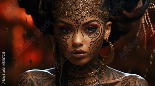 Face of a black woman adorned with intricate facial tattoos a blend of traditional and contemporary styles. photo