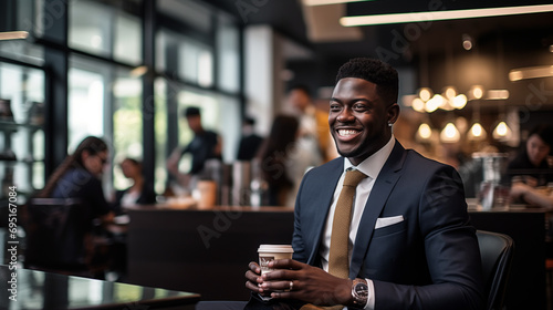 African American businessman dressed in a sharp, tailored suit, seated comfortably in a modern coffee shop. photo