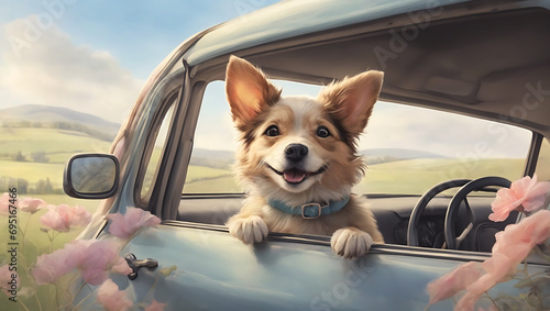 Funny watercolor Cute Pet dog Cartoon character with head out of the car window.