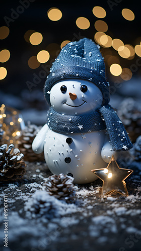 Cute cartoon snowman night close-up 