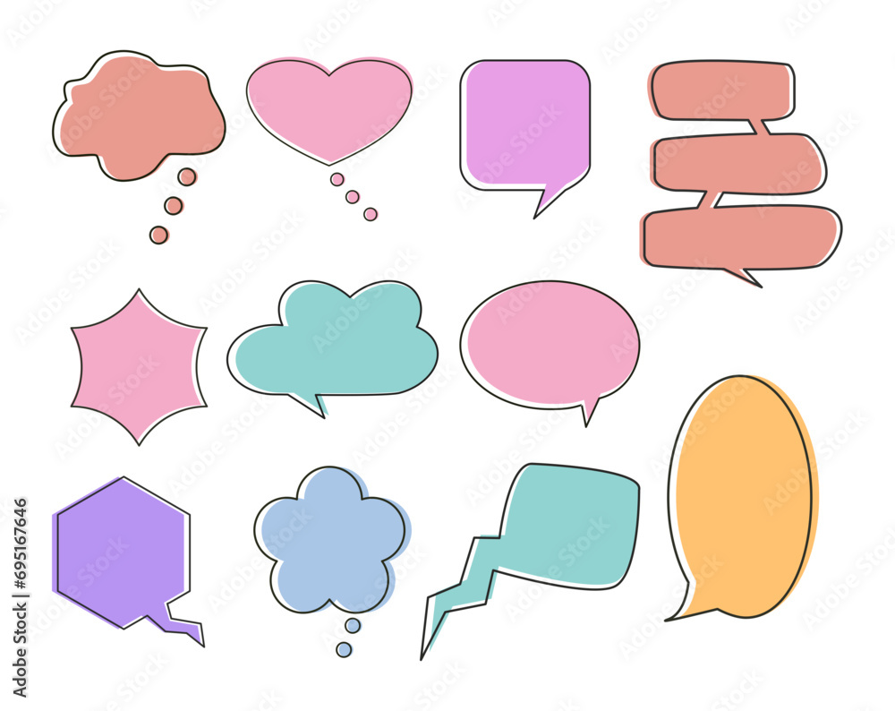 Set of colorful speech bubbles. Speak bubble text, cartoon chatting box, message box. Blank empty vector colorful speech bubbles. Cartoon balloon word design. Set of colorful speech bubbles. Speak bubble text, cartoon chatting box, message box. Blank empty vector colorful speech bubbles. Cartoon balloon word design.