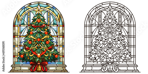Stunning Christmas Tree with Balls and Wreath in the style of Stained Glass with Presents Coloring Page and Cover Design Vector