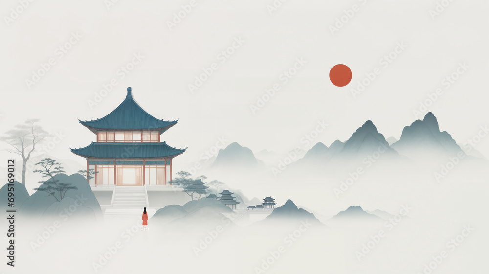 Fototapeta premium Chinese Traditional Architectural Style Art Poster
