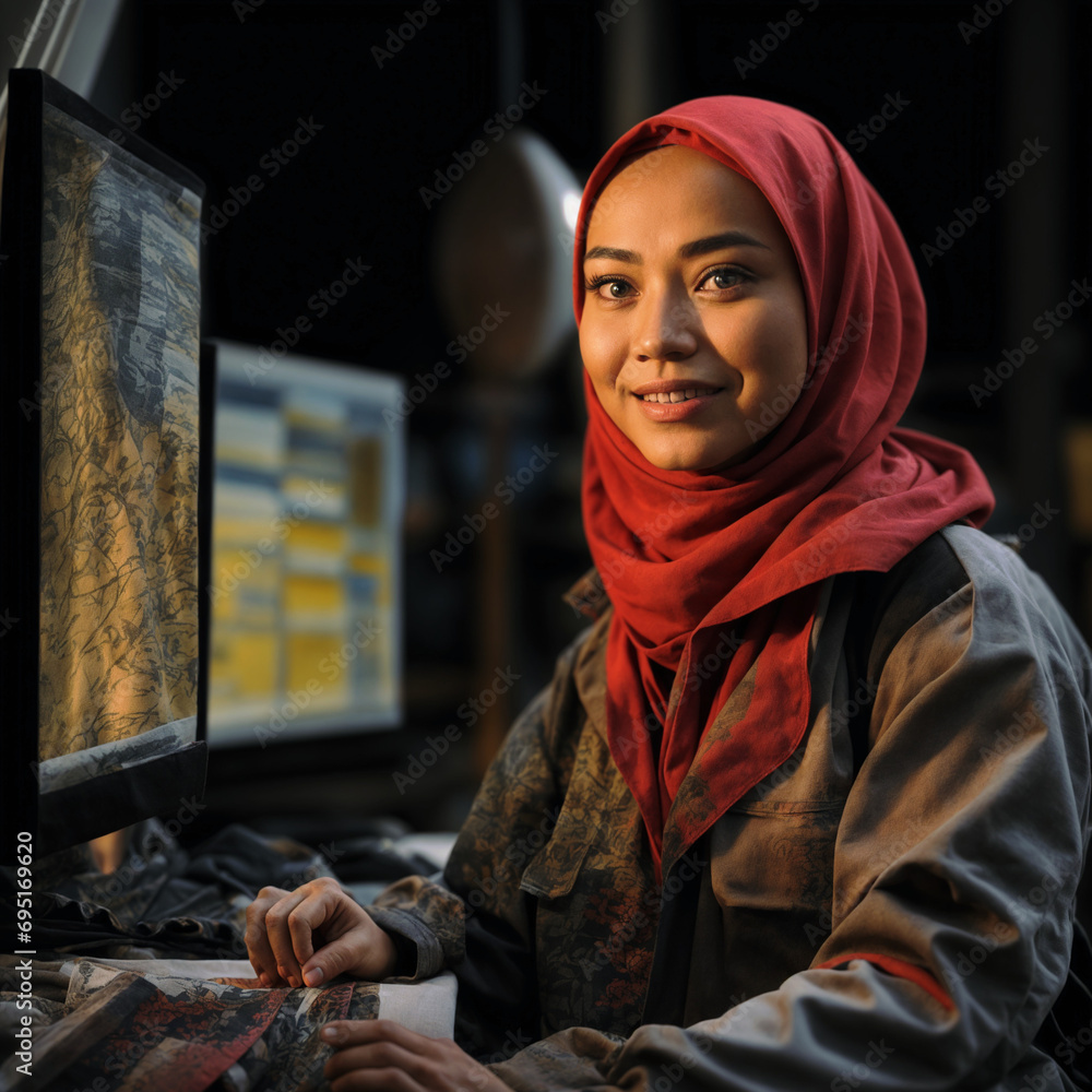 Asian female of malay descent engineer in front of a computer screen working on sustainable energy projects Asian female of malay descent engineer in front of a computer screen working on sustainable energy projects