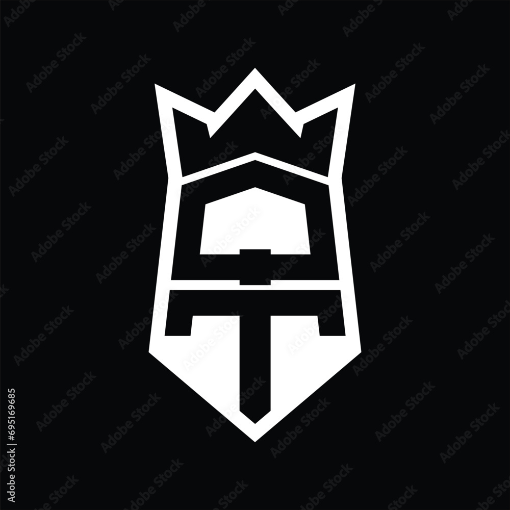 QT Letter Logo monogram hexagon shield shape up and down with crown isolated style design