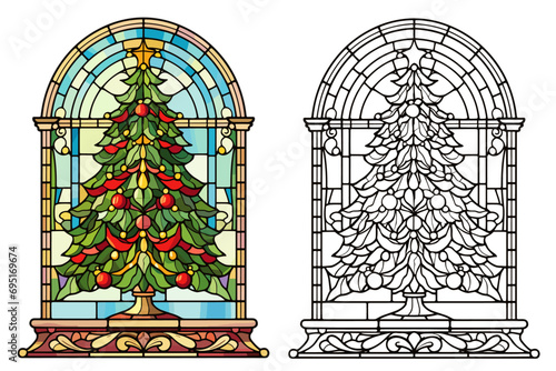 Cute Christmas Tree with Red Balls and Wreath in the style of Stained Glass with Presents Coloring Page and Cover Design Vector