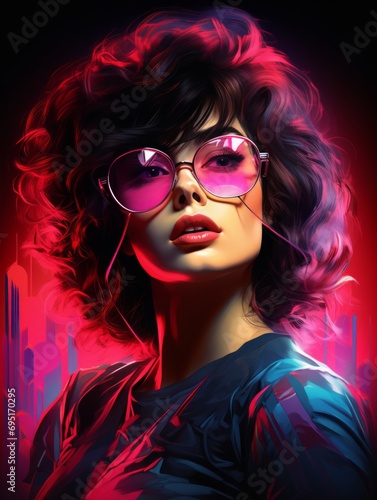Vibrant retro-styled digital art of a woman with pink shades, exuding 80s neon aesthetics. Perfect for trendy designs.