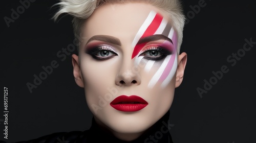 Striking portrait of a model with bold makeup and geometric face paint  perfect for beauty and fashion concepts.