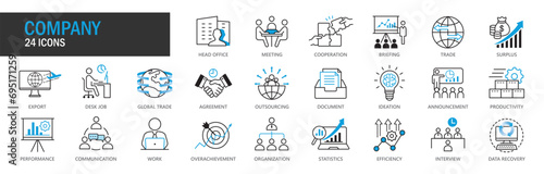 Company Icon Set. HQ, Meeting, Cooperation, Briefing, Trade, Surplus, Export, Working, International Trade, Agreement, Outsourcing, Document, Reporting, Productivity, Performance, Communication. Icon  photo