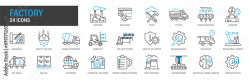 Factory Icon Set. Factory, Machine, Truck, Tool, Workers, Conveyor Belt, Forklift, Logistics, Shipment, Production Management, Automation, Artificial Intelligence, Icon Vector Collection. EPS, PNG, JP