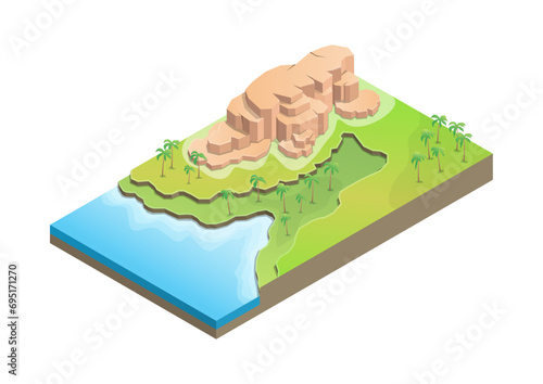 isometric tropical beach with rocky mountain