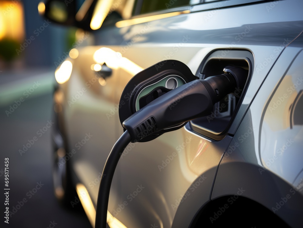 Electric vehicle charging at dusk, close-up of plug and socket, clean energy concept.