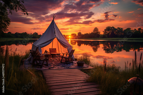 tent set up near a lake and illuminated in a natural setting with sunset © arhendrix