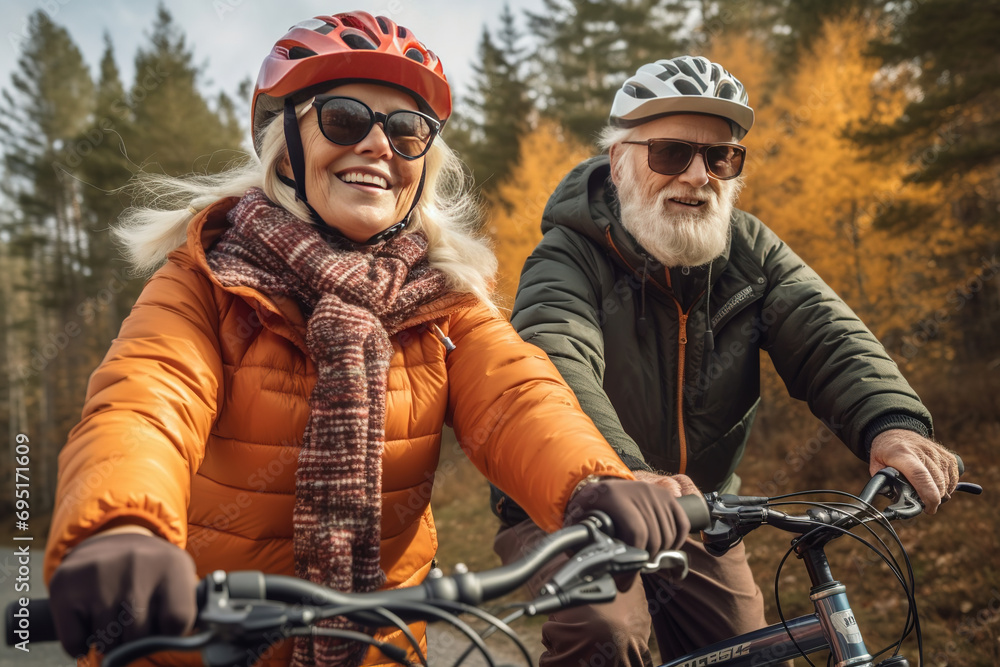 Obraz premium retired couple, wearing warm clothes, helmets and sunglasses, riding a bicycle in nature, as part of an adventure trip for seniors
