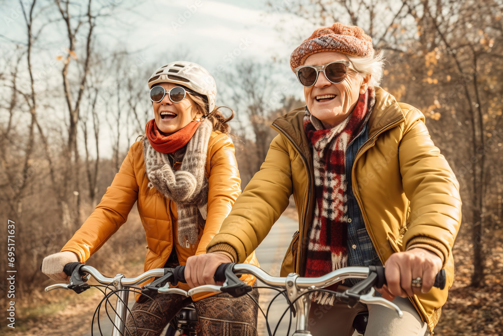 retired couple, wearing warm clothes, helmets and sunglasses, riding a bicycle in nature, as part of an adventure trip for seniors