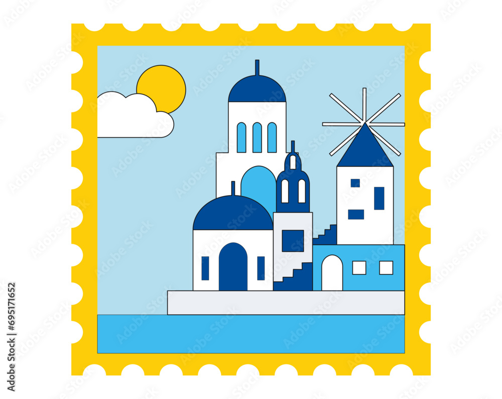 Santorini Greece Travel postage stamps. Cartoon style stamp with national landmarks, cute stamping postmark world attractions and most popular points of world vector isolated icon set.