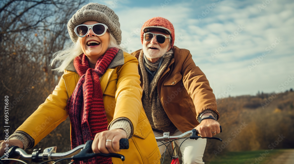 retired couple, wearing warm clothes, helmets and sunglasses, riding a bicycle in nature, as part of an adventure trip for seniors