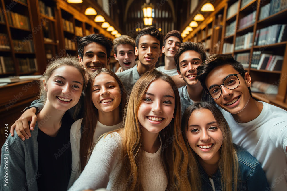 Fototapeta premium group of young students taking a selfie in the university library