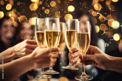 group of people toasting with glasses of champagne on blurred background with golden bokeh, Christmas concept