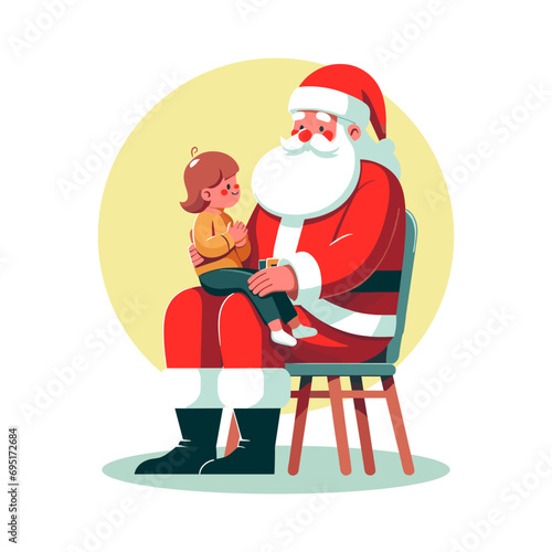 A small child sitting on Santa Claus' lap flat design vector illustration.