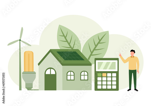 Energy conservation concept. Green and sustainable power usage from recyclable resources to protect environment and nature ecology vector illustration. Clean energy.