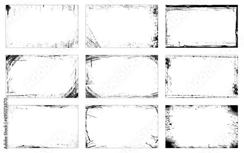 Vector illustration. Set of 9 frames in grunge style. Dirty borders collection on white background. Design elements for banner, poster, flyer, invitation, card, social networks, blog posts, stories