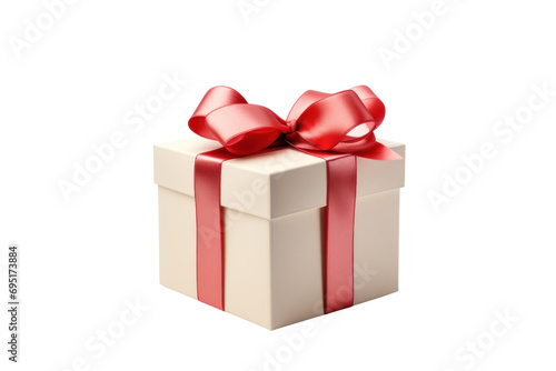 light colored gift box with red ribbon