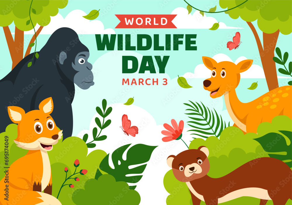 Naklejka premium World Wildlife Day Vector Illustration on March 3 with Various a Animals to Protection Animal and Preserve Their Habitat in Forest in Flat Background