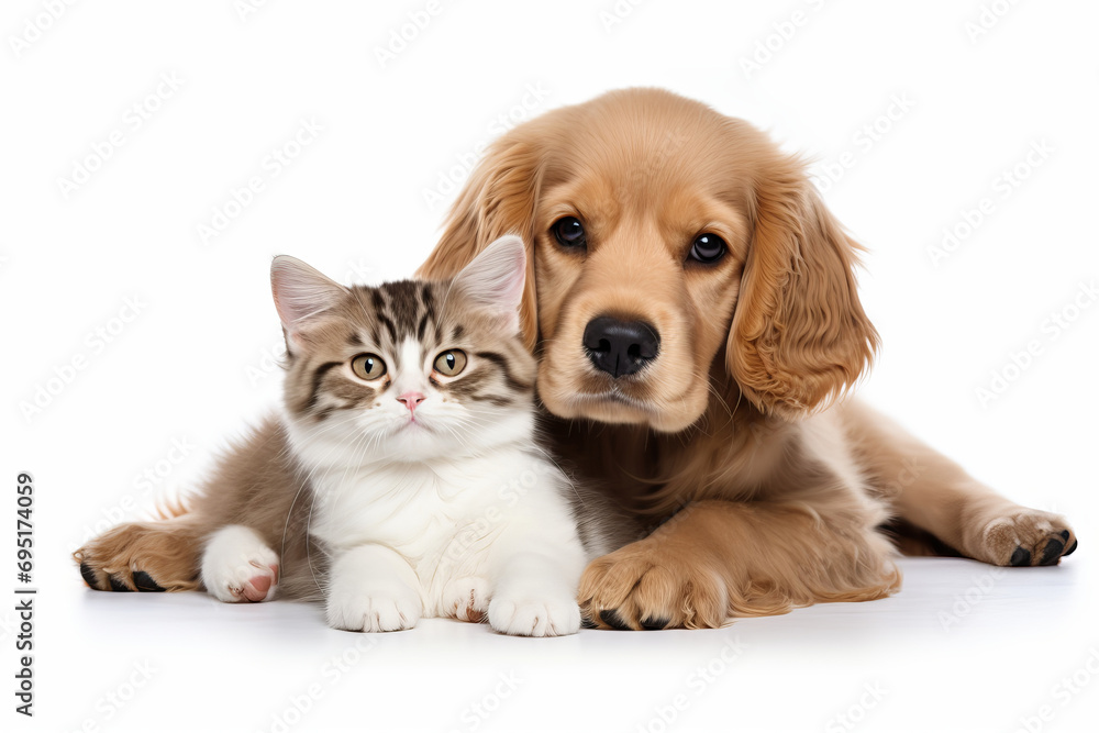 Adorable Golden Retriever puppy and ginger kitten sitting together, showcasing friendship and love. AI Generative.