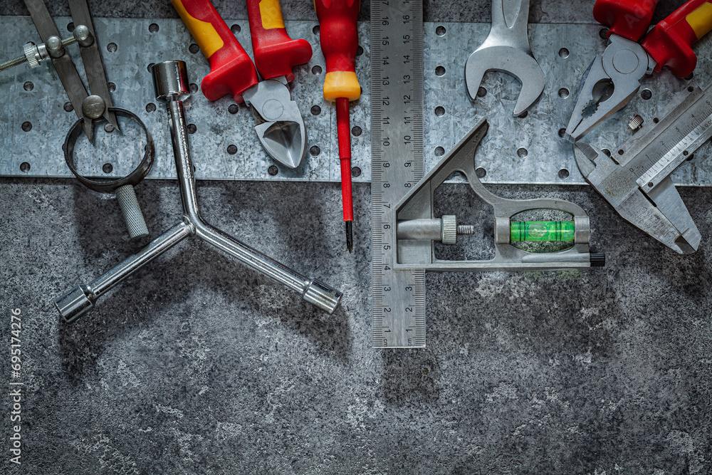Construction Tools Set on Gray Concrette Background. Construction Tools Set on Gray Concrette Background.