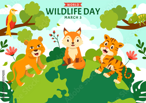 World Wildlife Day Vector Illustration on March 3 with Various a Animals to Protection Animal and Preserve Their Habitat in Forest in Flat Background