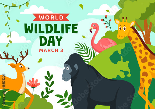 World Wildlife Day Vector Illustration on March 3 with Various a Animals to Protection Animal and Preserve Their Habitat in Forest in Flat Background