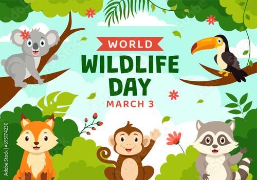 World Wildlife Day Vector Illustration on March 3 with Various a Animals to Protection Animal and Preserve Their Habitat in Forest in Flat Background