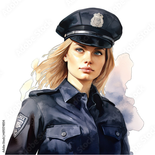 Portrait of a blonde female police officer, watercolor. Isolated.