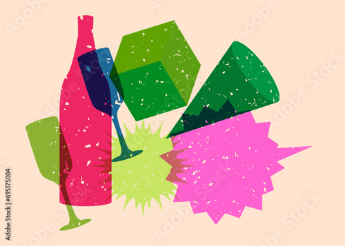 Risograph Champagne Bottle and Drinking Glass with speech bubble and geometric shapes. Objects in trendy riso graph print texture style design with geometry elements.