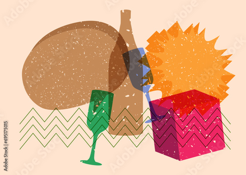 Risograph Champagne Bottle and Drinking Glass with speech bubble and geometric shapes. Objects in trendy riso graph print texture style design with geometry elements.
