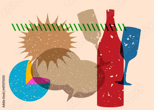 Risograph Champagne Bottle and Drinking Glass with speech bubble and geometric shapes. Objects in trendy riso graph print texture style design with geometry elements.