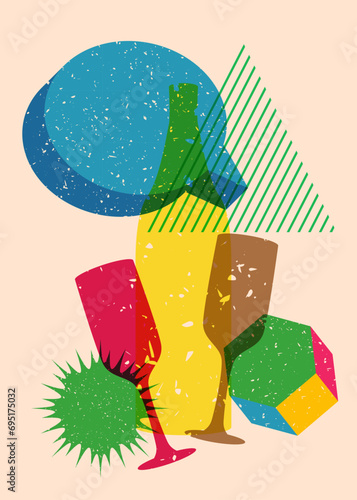 Risograph Champagne Bottle and Drinking Glass with speech bubble and geometric shapes. Objects in trendy riso graph print texture style design with geometry elements.